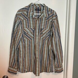CINCH MODERN FIT Mens Plaid Snap Front Western Shirt Orange Green Blue L